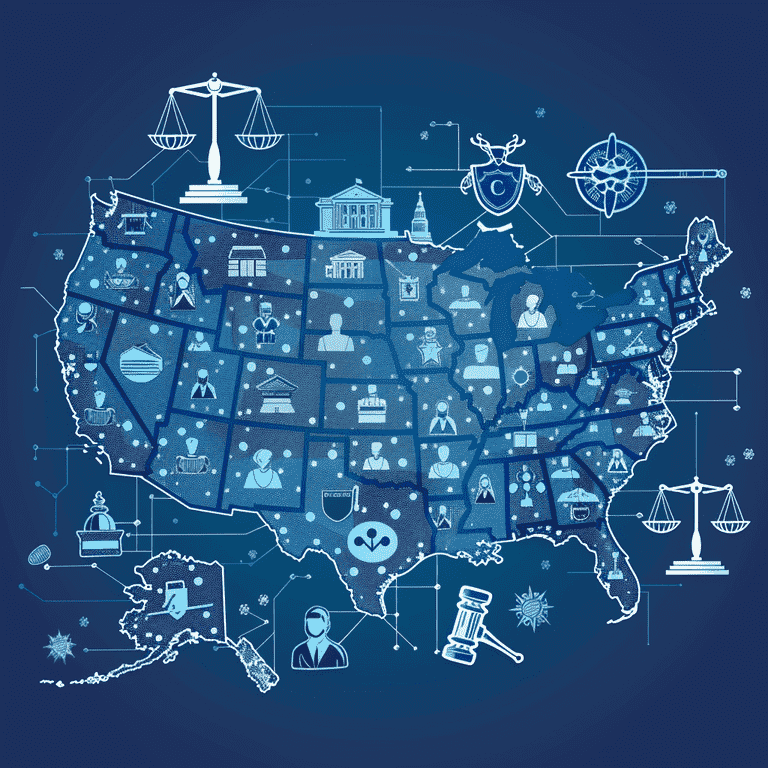 U.S. map with legal symbols representing state-specific DUI probation laws.
