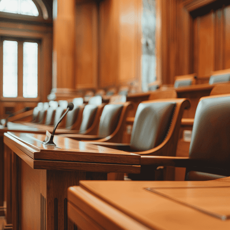 Quiet courtroom with focus on empty witness stand, symbolizing strategic considerations in bench trials