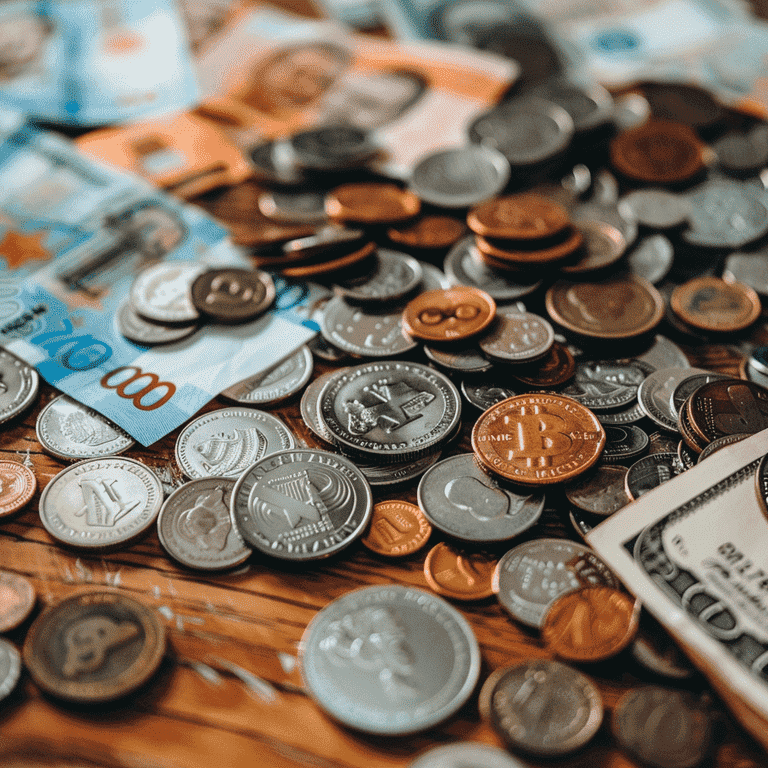 Various coins and banknotes representing bail bond costs.