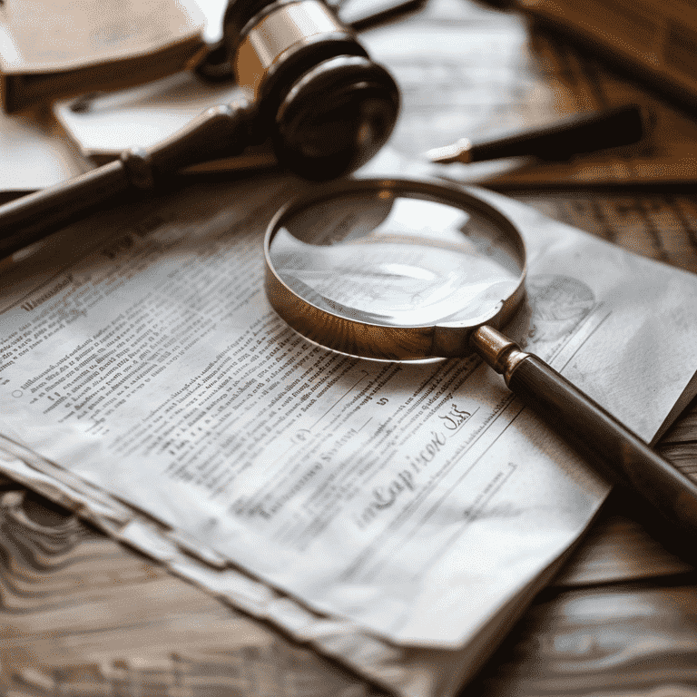 Legal documents with a magnifying glass and pen on a desk.