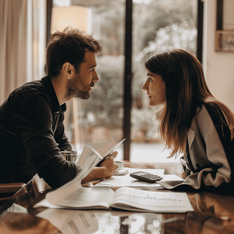 Couple discussing financial aspects with documents and calculator on table