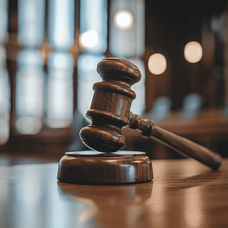 Gavel on table in courtroom background