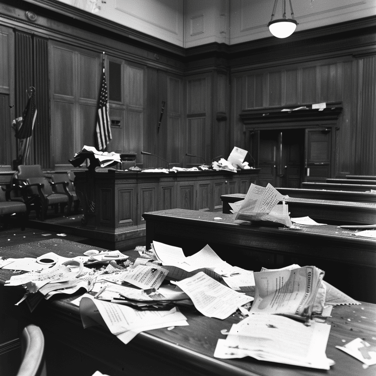Empty courtroom with judge's bench and legal documents.