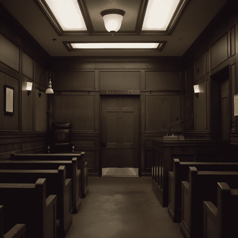 Empty courtroom with an open door, symbolizing a missing defendant.