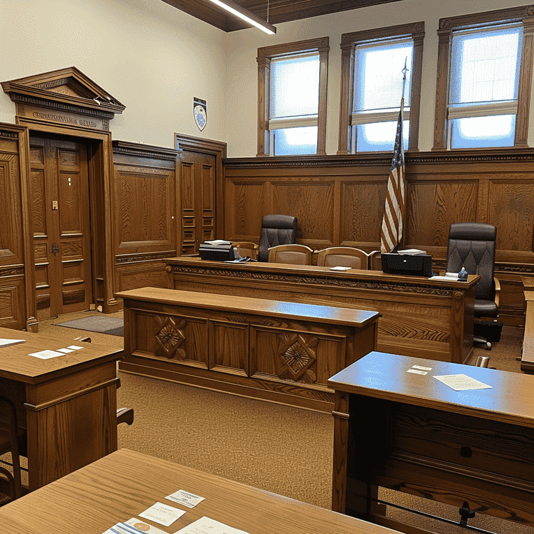 Courtroom view showing areas for judges, witnesses, and lawyers.