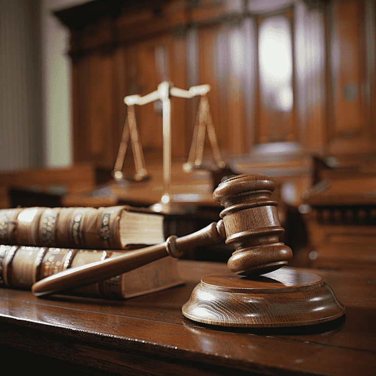 Empty witness stand in a courtroom with gavel and law books.