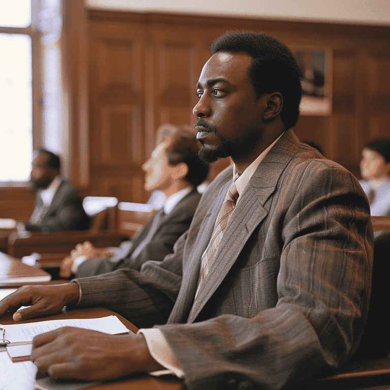 Defendant listening in a courtroom.