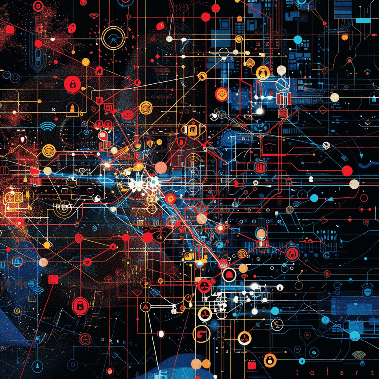 Complex digital network with barriers and locks depicting the challenges in combating computer crimes.