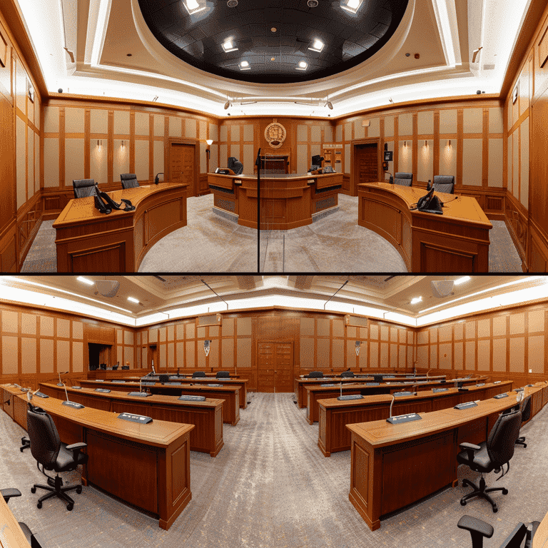 Diverse courtrooms representing different jurisdictions