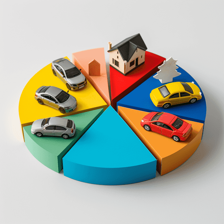 Pie chart with slices representing categories of marital assets, illustrating the process of property division in a divorce