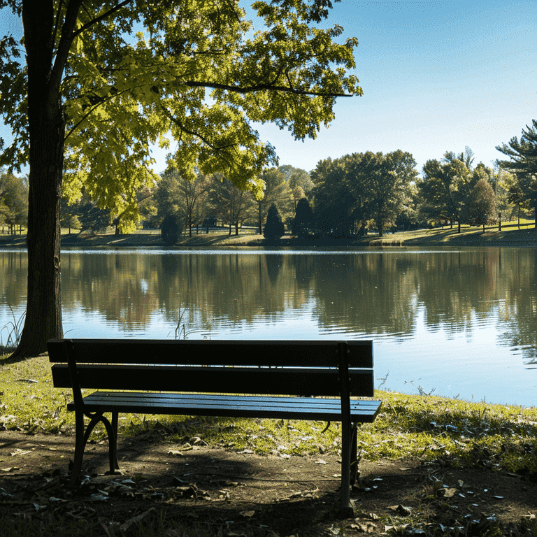 Empty bench overlooking a tranquil lake, symbolizing reflection during a divorce.