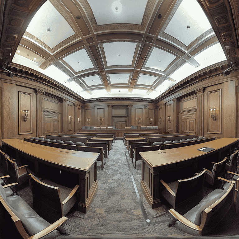 Empty courtroom with detailed interior view.