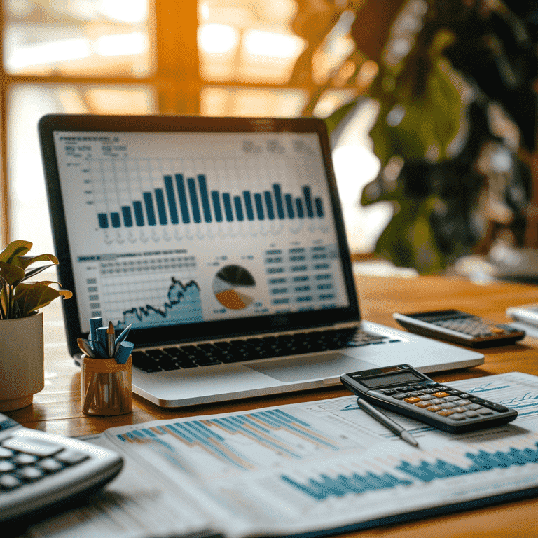 Financial advisor's desk with planning tools and charts, representing divorce financial planning