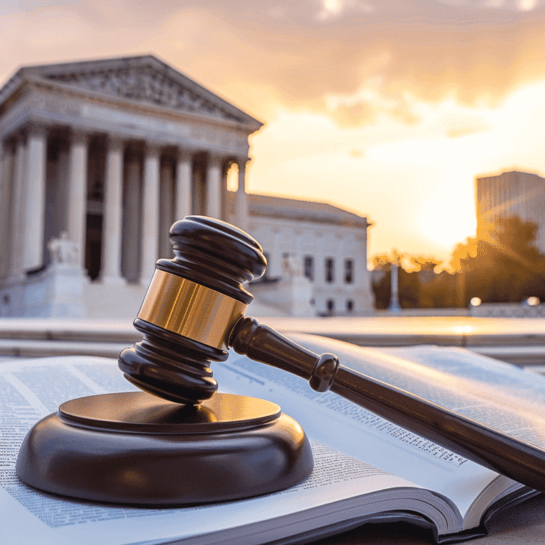 Gavel on an open law book with a courthouse backdrop.