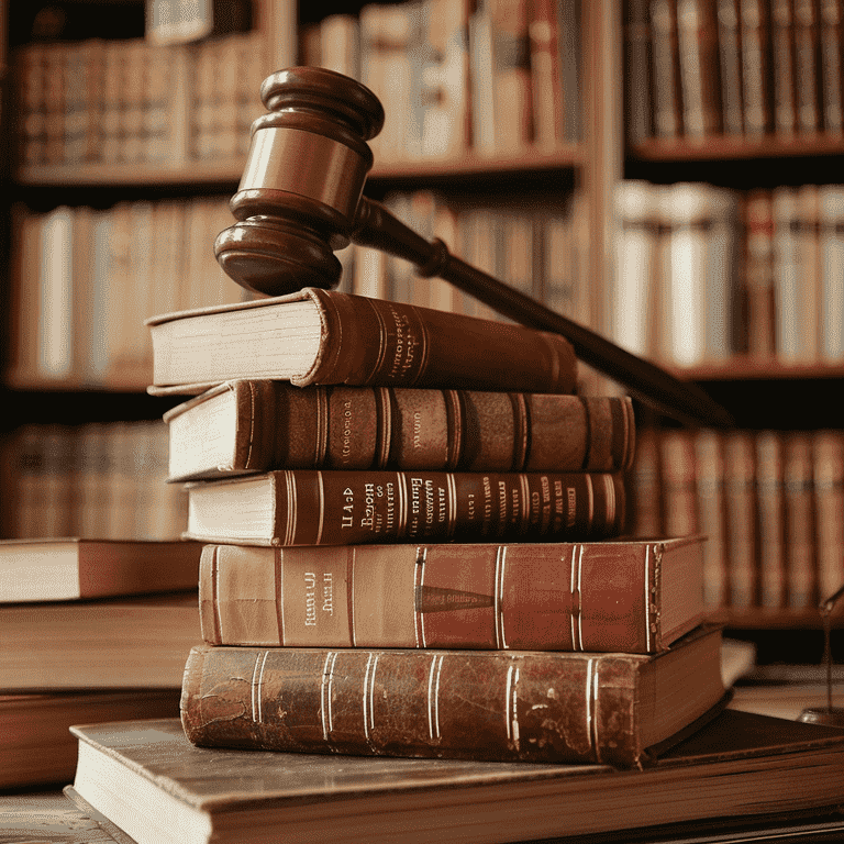 Gavel on a stack of legal books in a library.