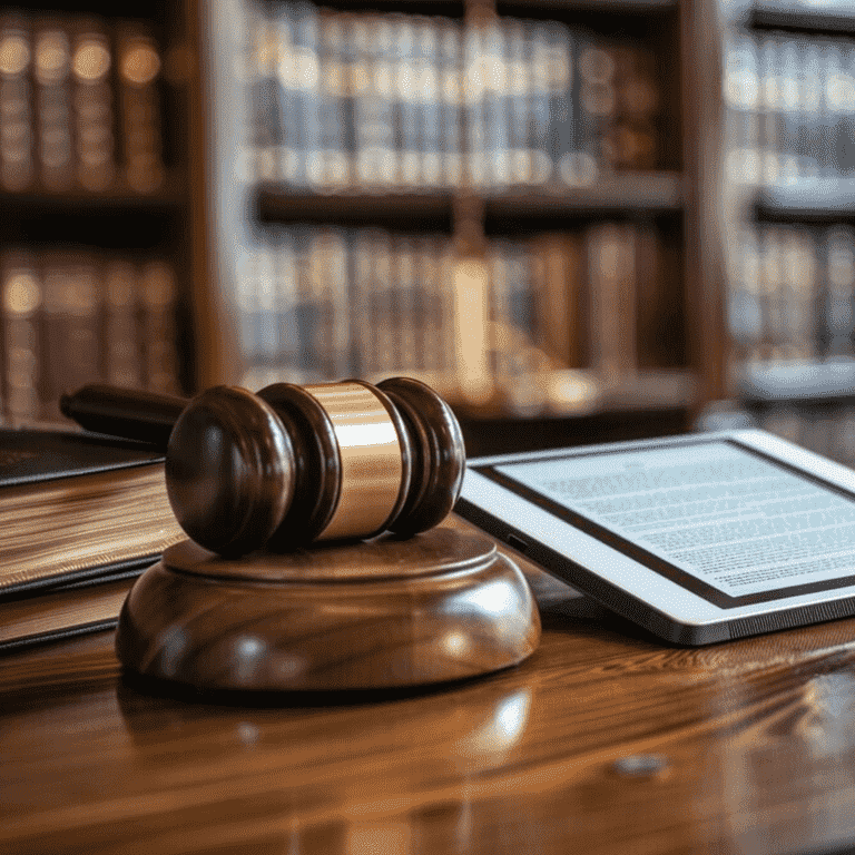 Judge's gavel, law book, and digital tablet with court documents in a courtroom.