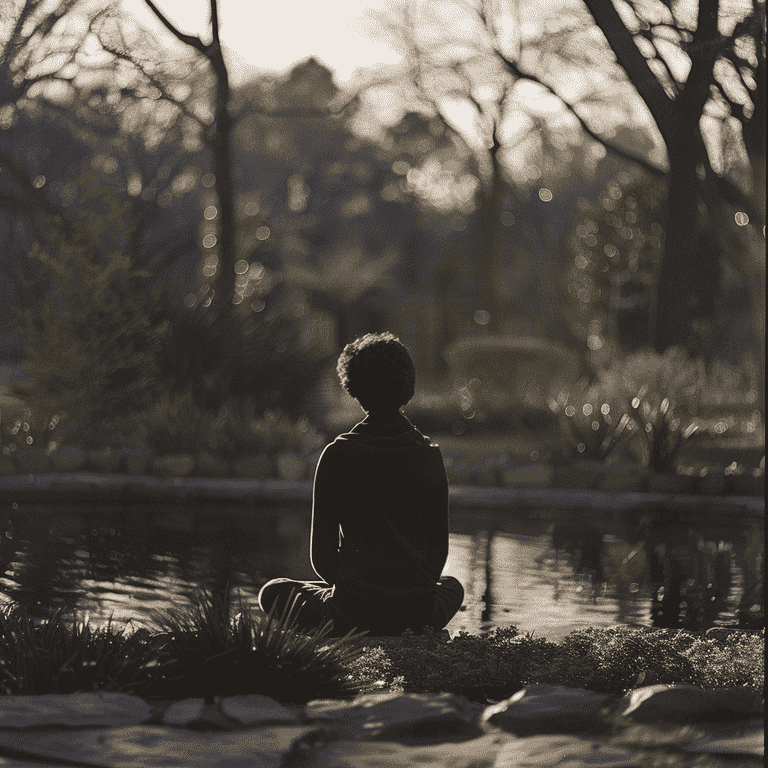 Individual reflecting alone in a tranquil garden setting