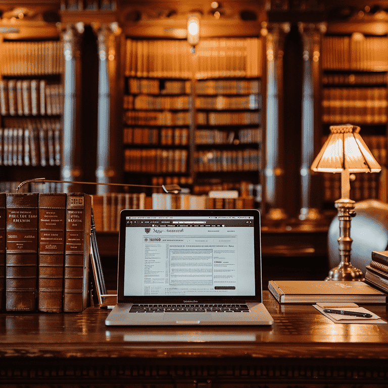 Desk in a law library with an open laptop and surrounding legal books.