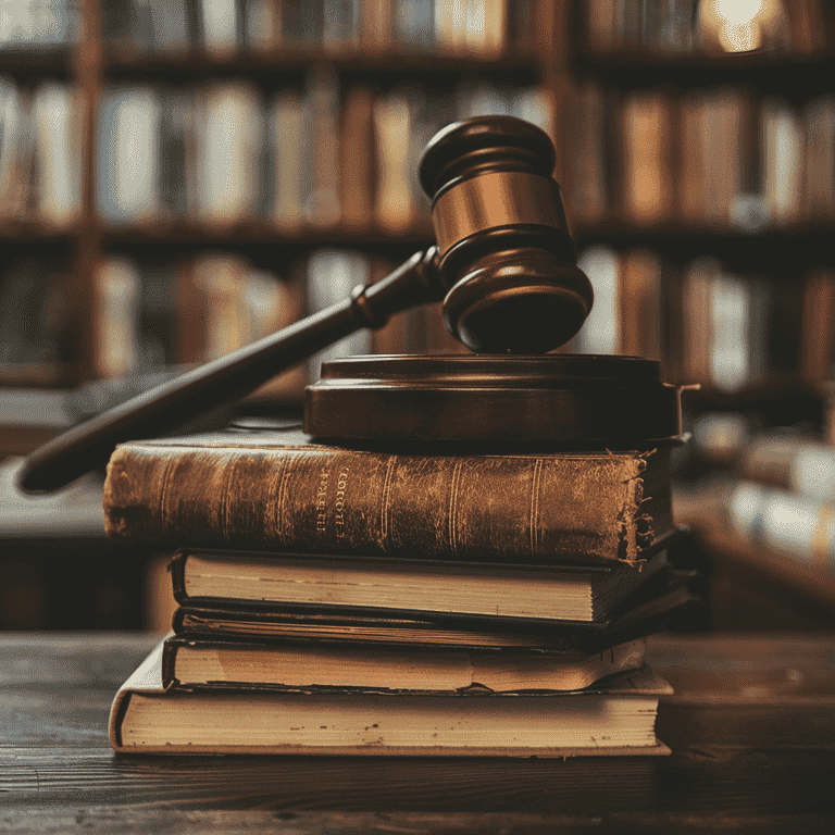 Legal books and gavel on desk in library