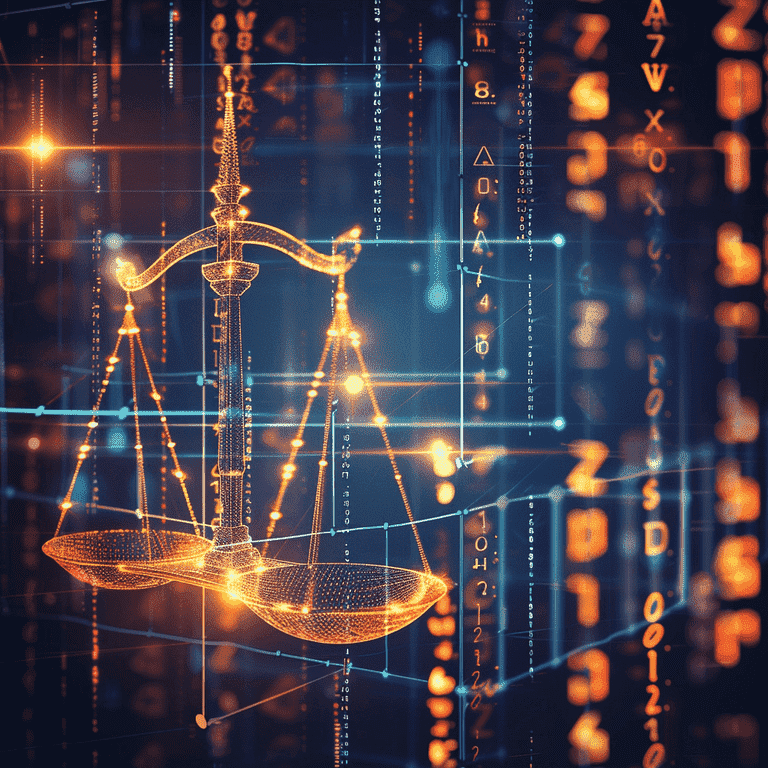 Balanced scales over digital code background representing legal frameworks for computer crimes