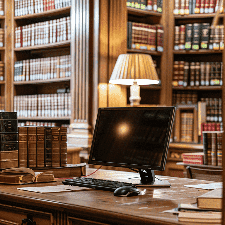 Desk with legal books and a computer in a library setting