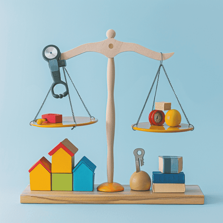 Balance scale with items symbolizing factors to consider in parenting plans