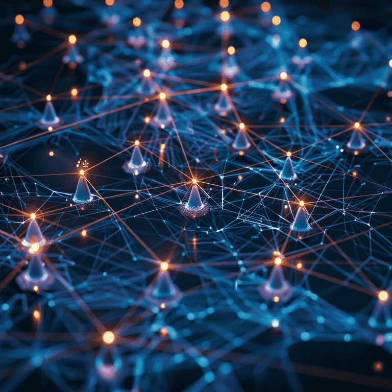 Abstract network of interconnected nodes with shadowy figures representing the intersection of technology and crime