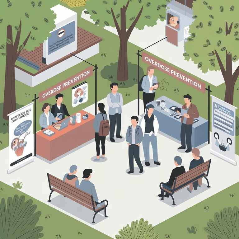 A community event featuring booths and posters about overdose prevention, with people interacting with public health officials in a park