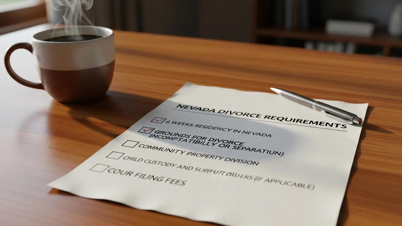Checklist of residency and filing requirements for divorce in Nevada on a desk