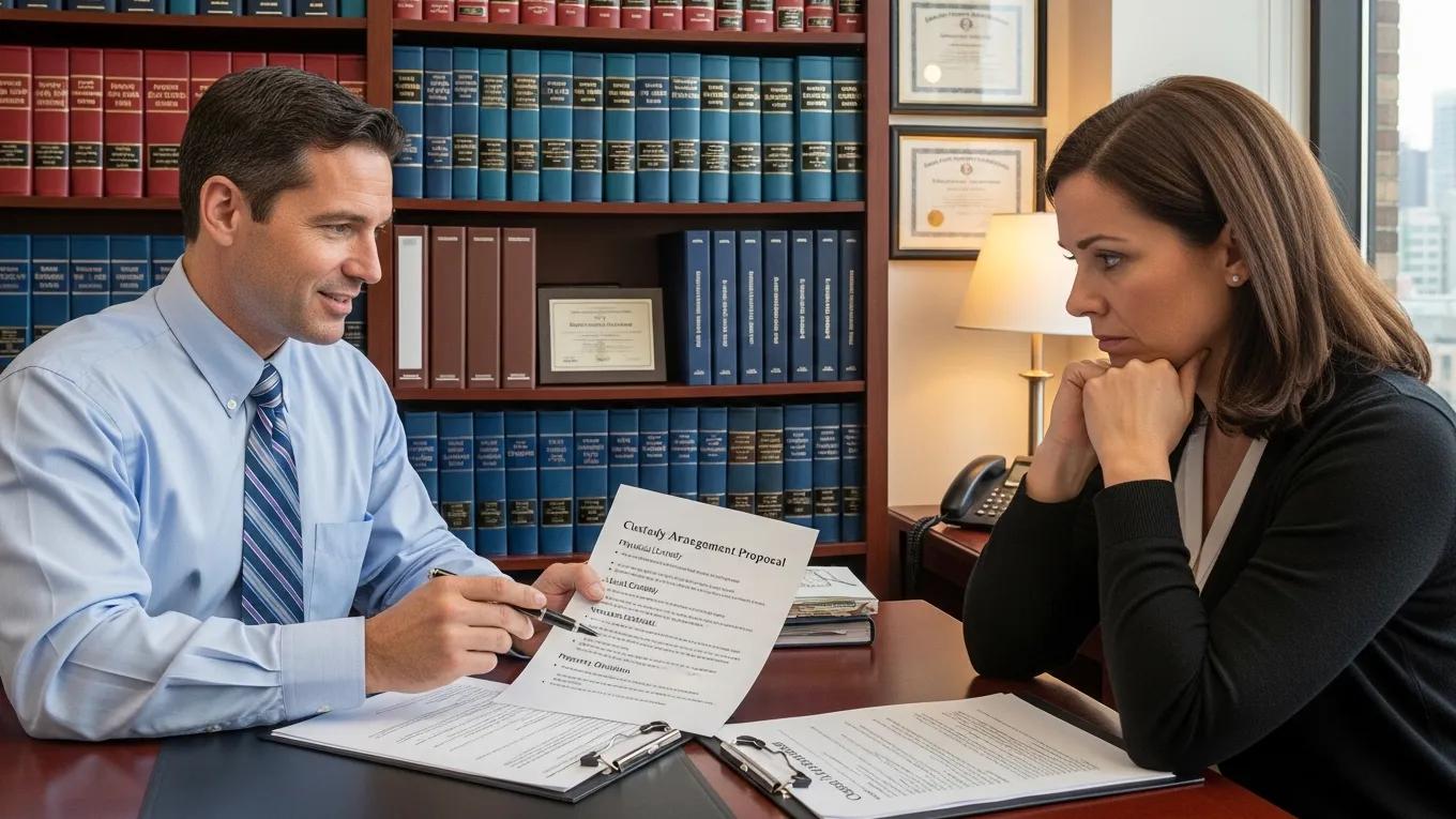 Family lawyer discussing child custody and property division with a client in an office