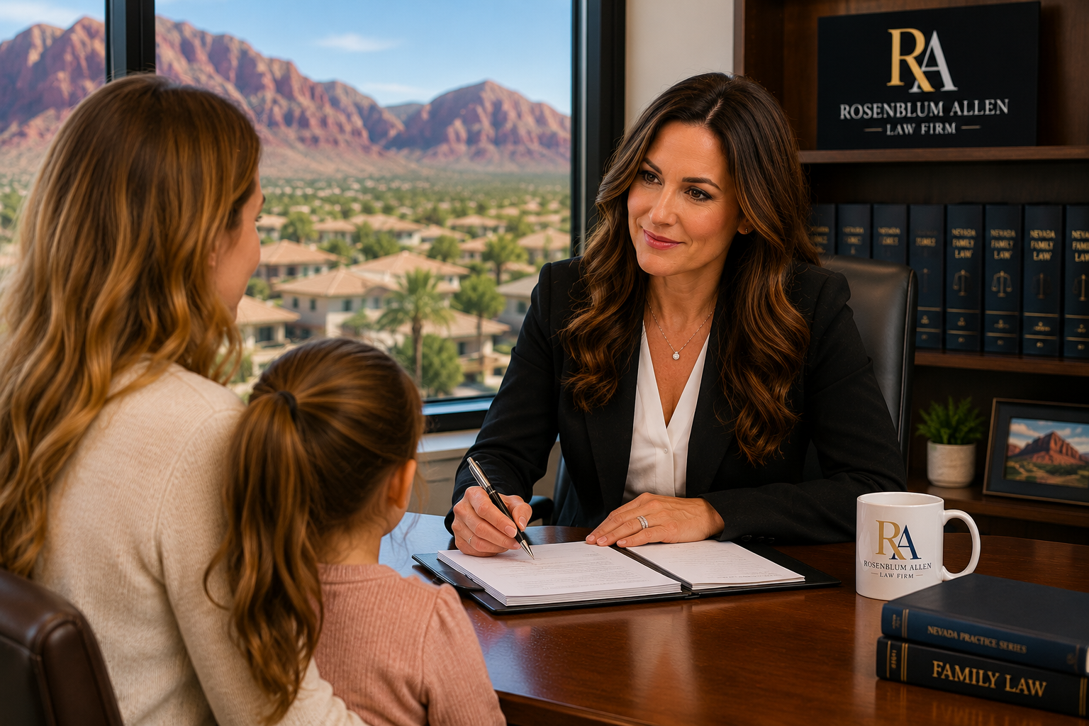 Summerlin child custody attorney meeting with mother and child during legal consultation