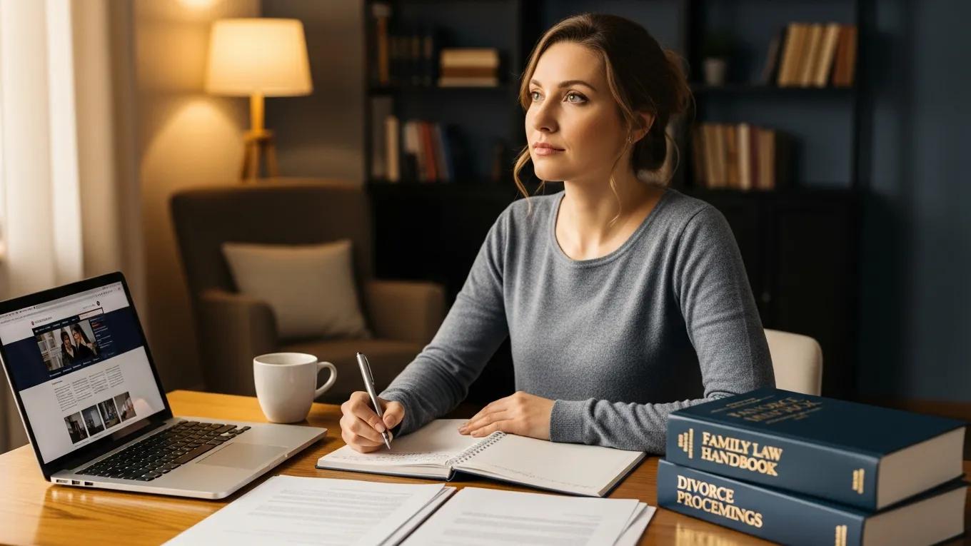 Woman thoughtfully reviewing options for choosing a divorce attorney in a cozy home office