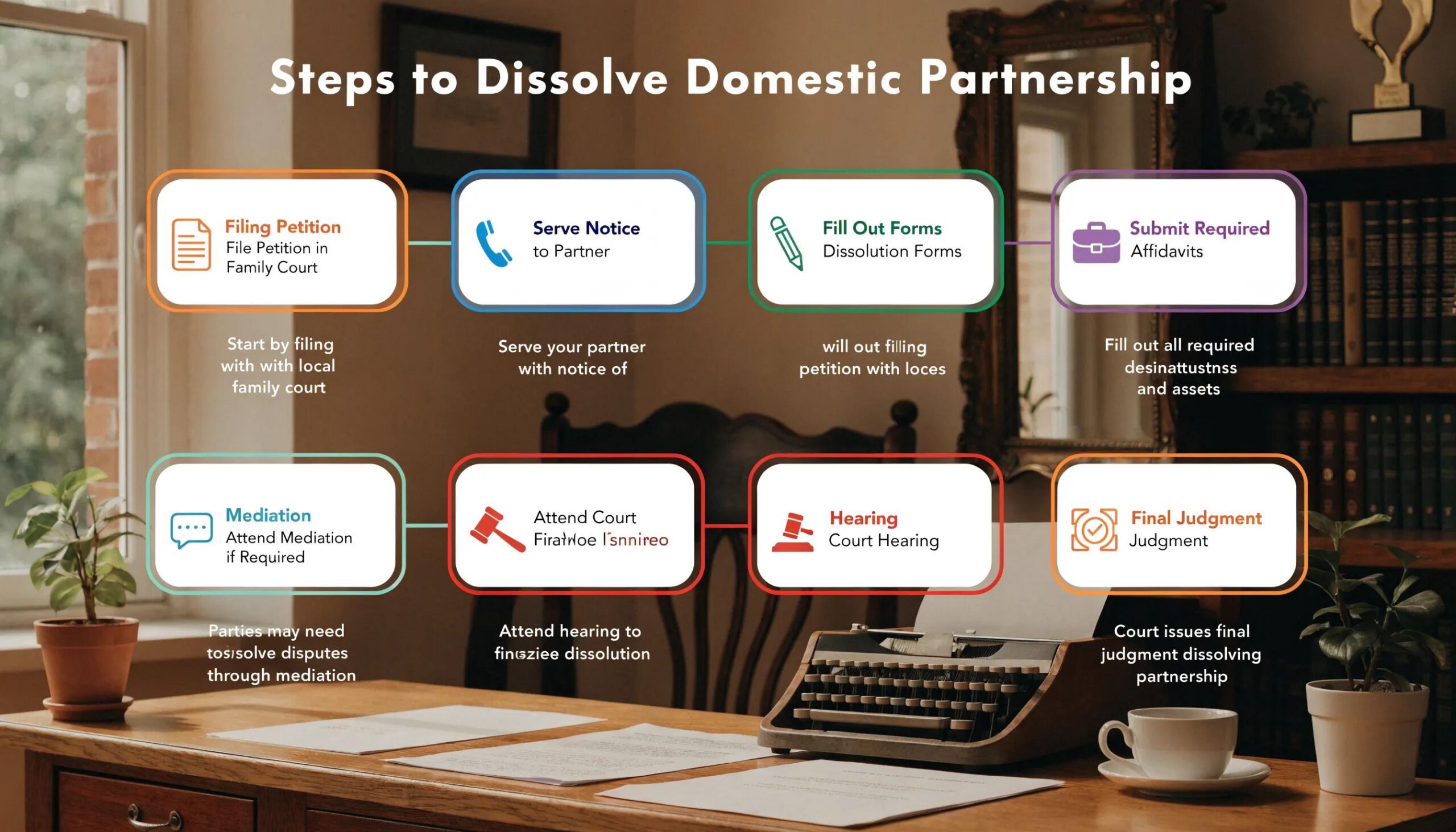 Domestic Partnership Dissolution in Nevada — Step by Step - 0b4674c3 41b8 454a bc78 0c69bea71aa0 scaled Visual checklist of steps to dissolve a domestic partnership in Nevada, emphasizing the legal process